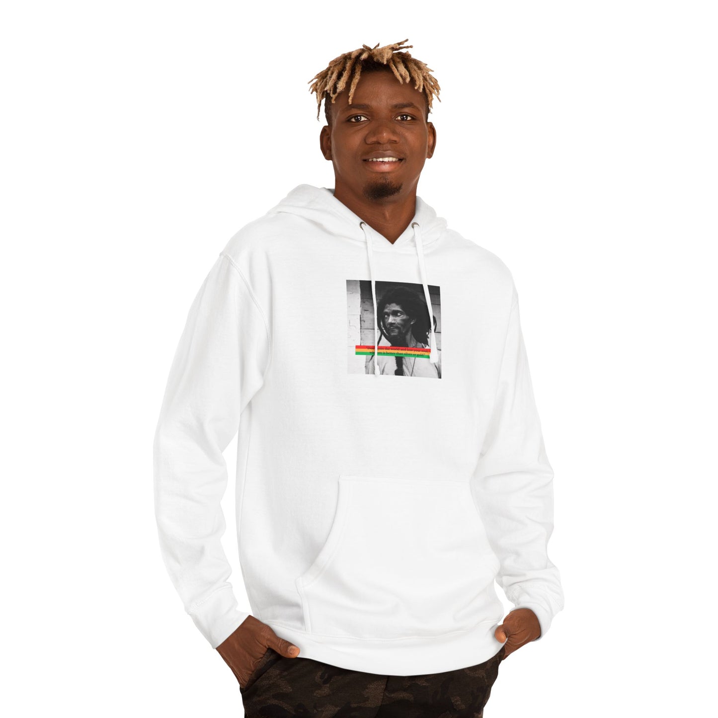 Rastafarian Portrait Hoodie — Black & White Photo with Red/Gold/Green Stripe