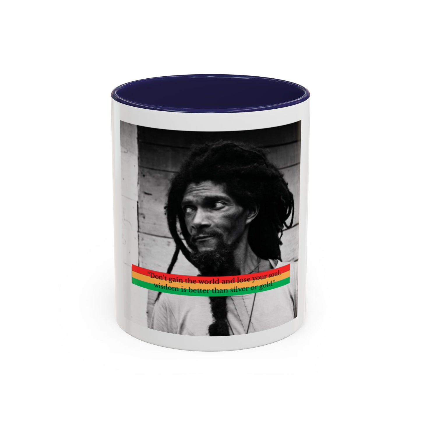 Rasta Portrait Accent Coffee Mug (11/15oz) — Black & White Photo with Red/Gold/Green Stripe