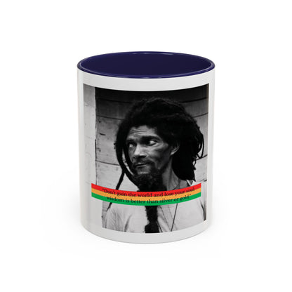 Rasta Portrait Accent Coffee Mug (11/15oz) — Black & White Photo with Red/Gold/Green Stripe