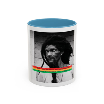 Rasta Portrait Accent Coffee Mug (11/15oz) — Black & White Photo with Red/Gold/Green Stripe
