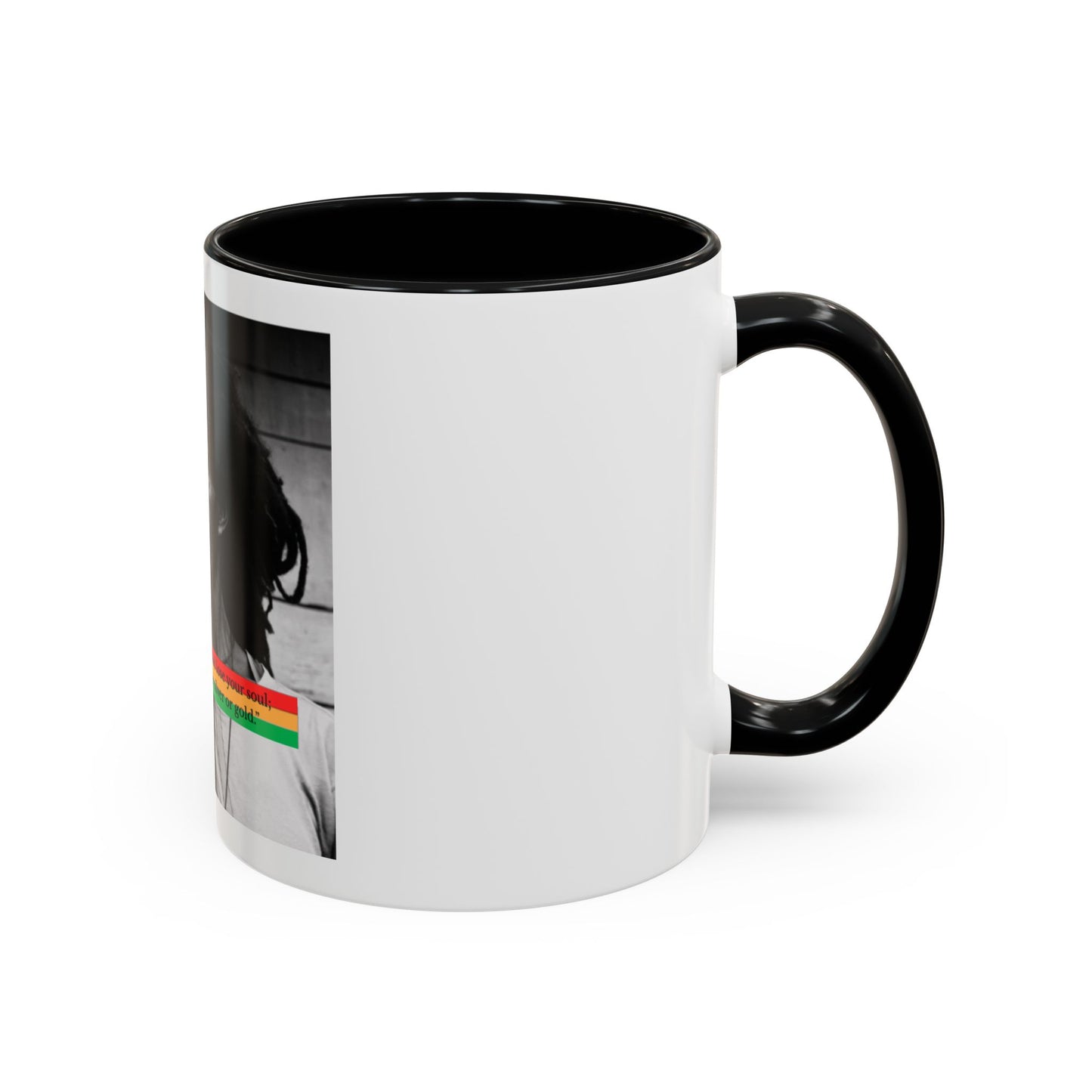 Rasta Portrait Accent Coffee Mug (11/15oz) — Black & White Photo with Red/Gold/Green Stripe