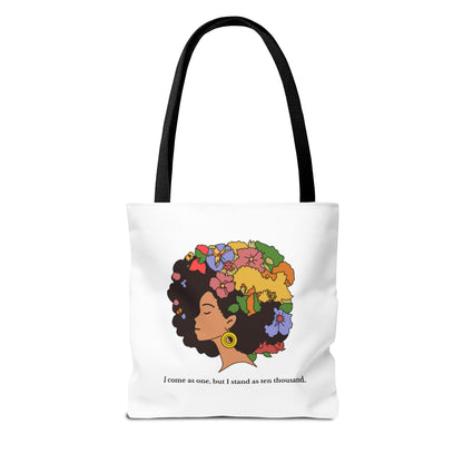 Floral Afro Tote Bag — “I Come as One, But I Stand as One Thousand” Cotton Grocery Tote