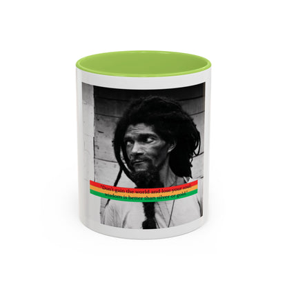 Rasta Portrait Accent Coffee Mug (11/15oz) — Black & White Photo with Red/Gold/Green Stripe