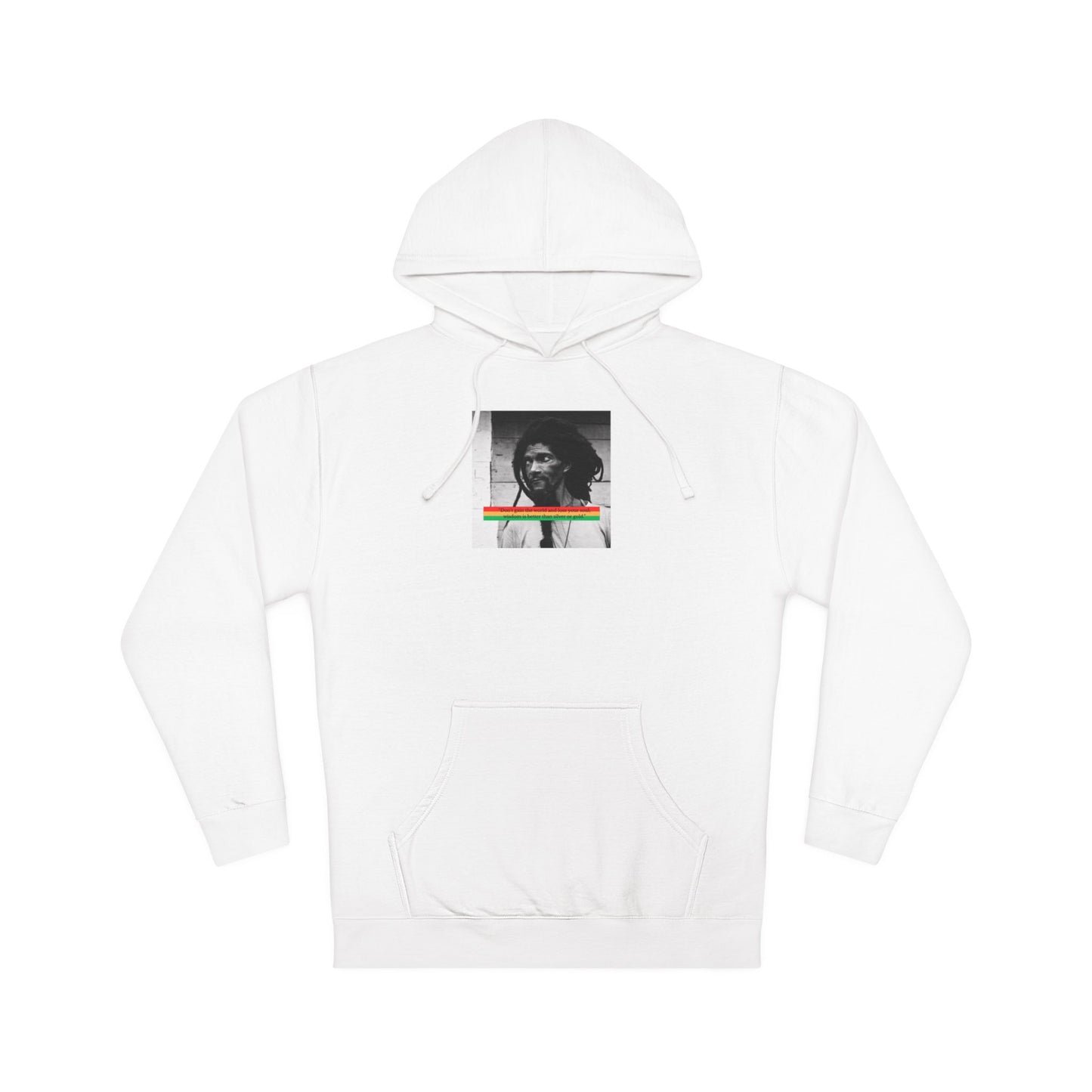 Rastafarian Portrait Hoodie — Black & White Photo with Red/Gold/Green Stripe