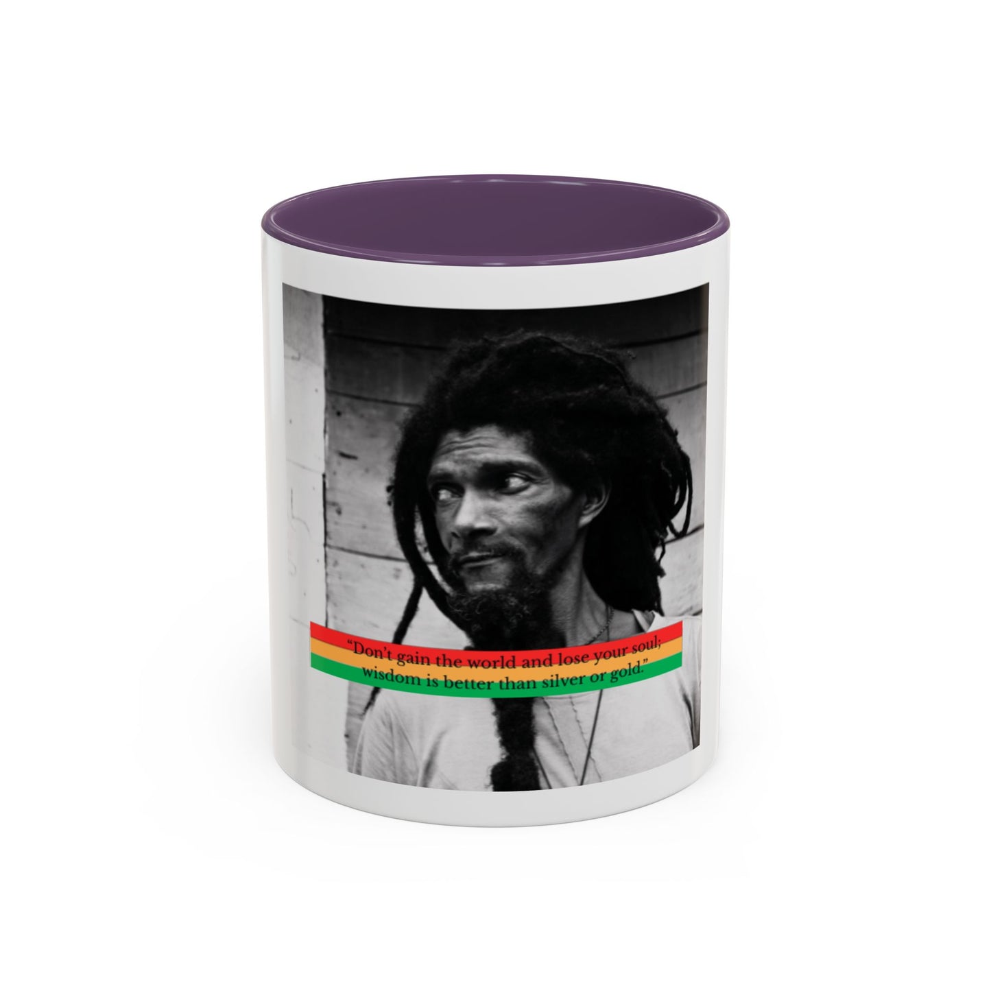 Rasta Portrait Accent Coffee Mug (11/15oz) — Black & White Photo with Red/Gold/Green Stripe