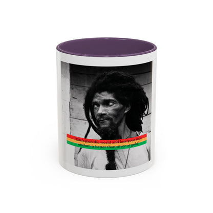 Rasta Portrait Accent Coffee Mug (11/15oz) — Black & White Photo with Red/Gold/Green Stripe