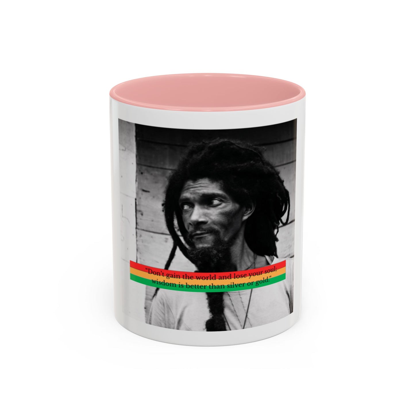 Rasta Portrait Accent Coffee Mug (11/15oz) — Black & White Photo with Red/Gold/Green Stripe