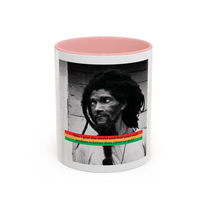 Rasta Portrait Accent Coffee Mug (11/15oz) — Black & White Photo with Red/Gold/Green Stripe