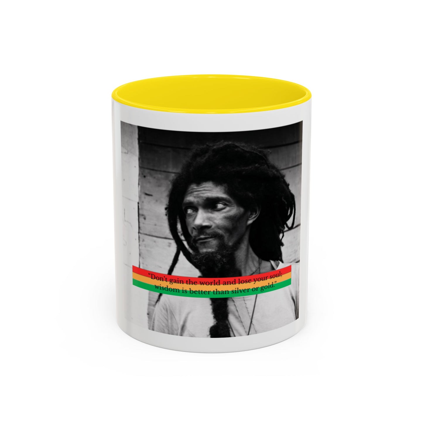 Rasta Portrait Accent Coffee Mug (11/15oz) — Black & White Photo with Red/Gold/Green Stripe