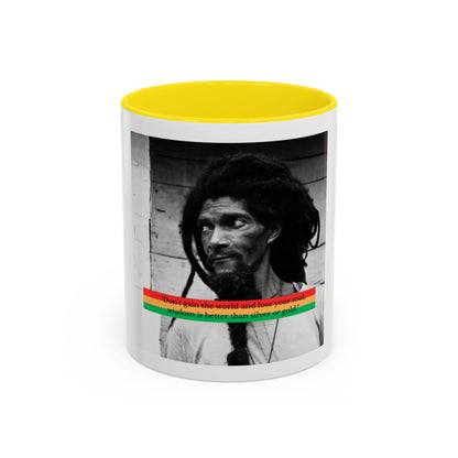 Rasta Portrait Accent Coffee Mug (11/15oz) — Black & White Photo with Red/Gold/Green Stripe