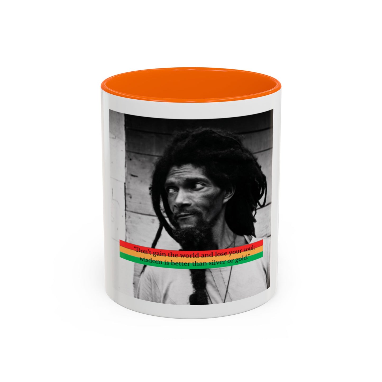 Rasta Portrait Accent Coffee Mug (11/15oz) — Black & White Photo with Red/Gold/Green Stripe