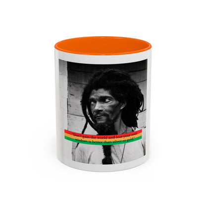 Rasta Portrait Accent Coffee Mug (11/15oz) — Black & White Photo with Red/Gold/Green Stripe