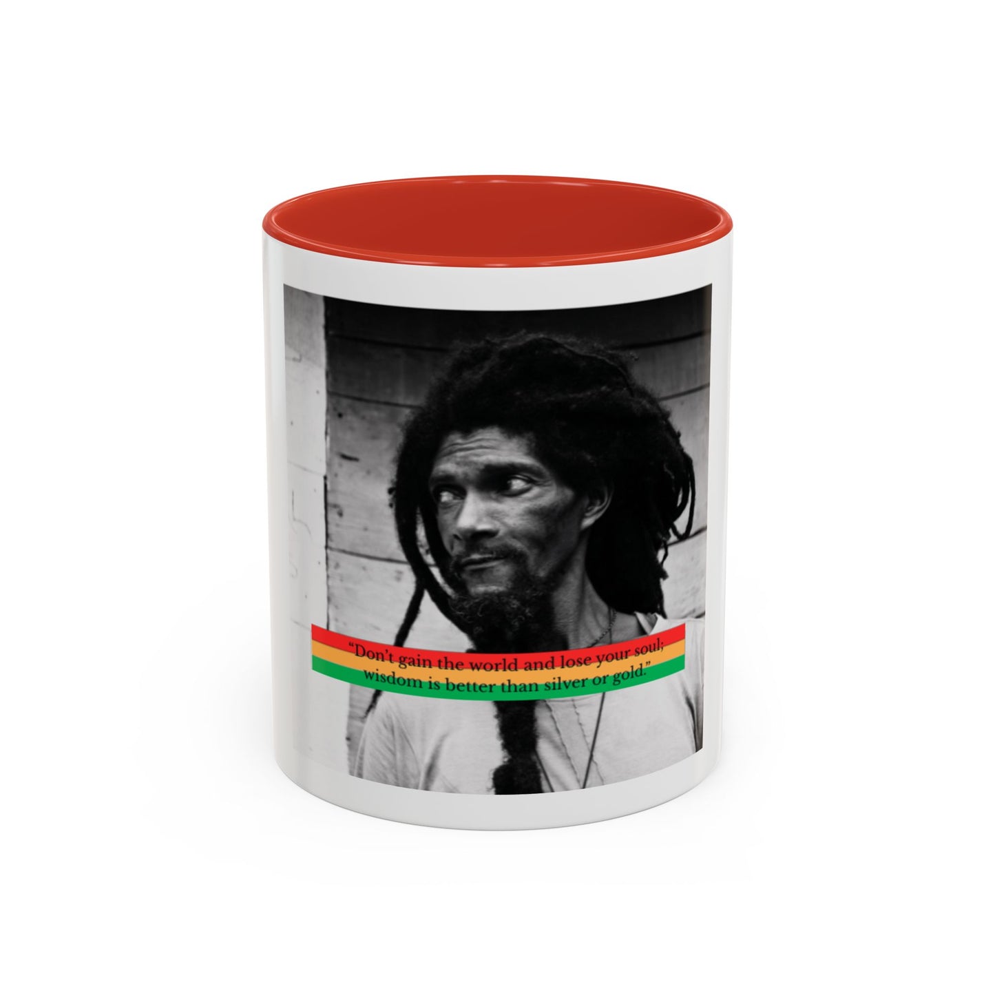 Rasta Portrait Accent Coffee Mug (11/15oz) — Black & White Photo with Red/Gold/Green Stripe