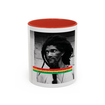 Rasta Portrait Accent Coffee Mug (11/15oz) — Black & White Photo with Red/Gold/Green Stripe